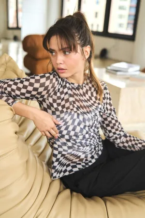BLACK AND WHITE SHEER LONG SLEEVE CHECKERED TOP