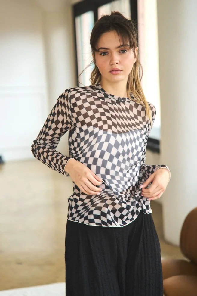 BLACK AND WHITE SHEER LONG SLEEVE CHECKERED TOP