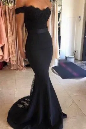 Black Long Prom Dresses Mermaid Off the Shoulder with Sash Prom Gowns Bridesmaid Dresses