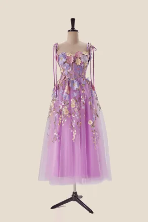 Lavender Floral Embroidered Corset Midi Dress