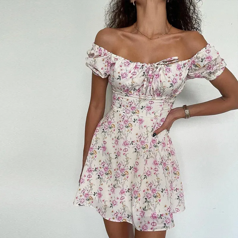 Short Sleeve Flower Print Lacing off Shoulder Sun A-line Summer Boho Dress