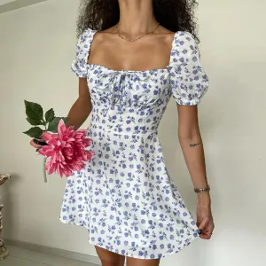 Short Sleeve Flower Print Lacing off Shoulder Sun A-line Summer Boho Dress