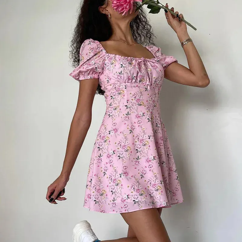 Short Sleeve Flower Print Lacing off Shoulder Sun A-line Summer Boho Dress