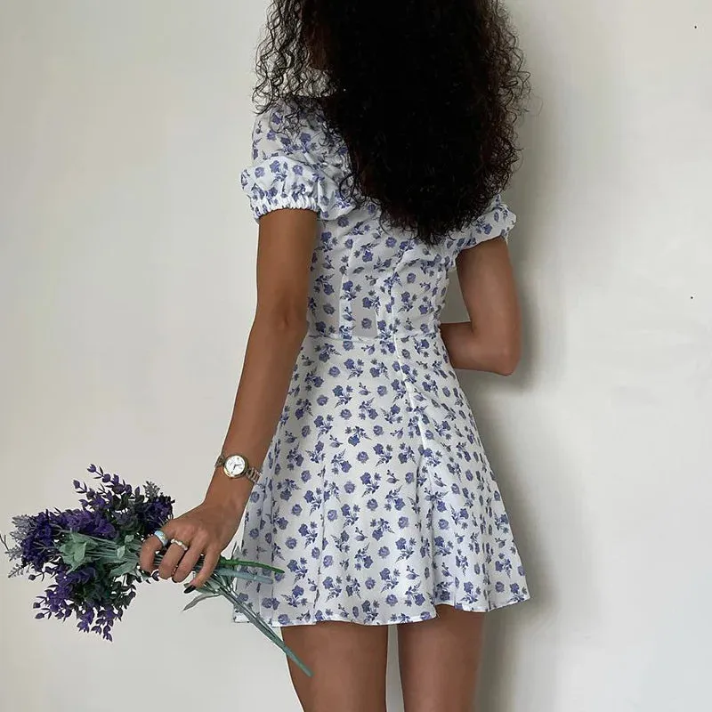 Short Sleeve Flower Print Lacing off Shoulder Sun A-line Summer Boho Dress