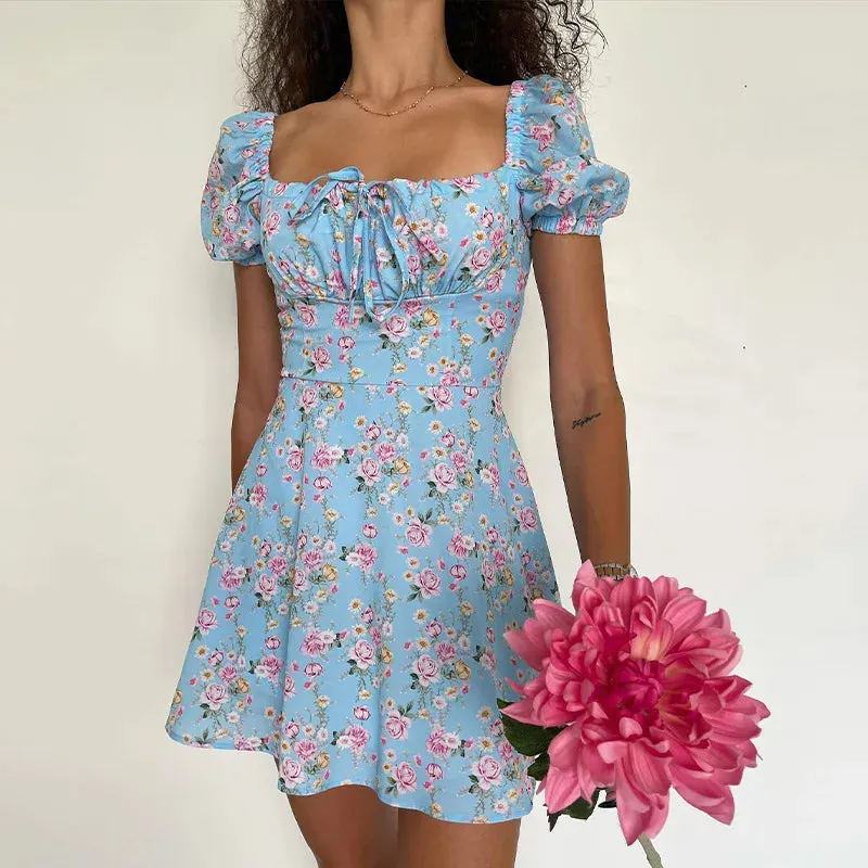 Short Sleeve Flower Print Lacing off Shoulder Sun A-line Summer Boho Dress