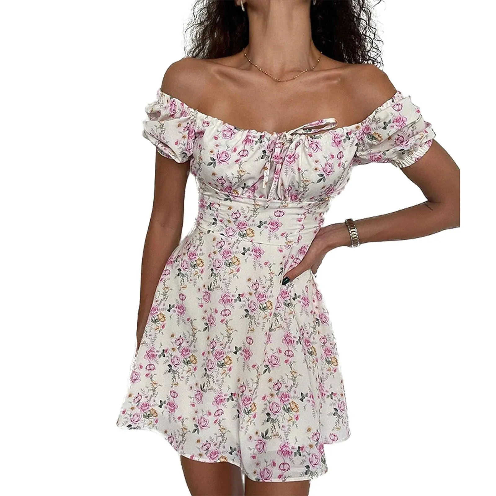 Short Sleeve Flower Print Lacing off Shoulder Sun A-line Summer Boho Dress