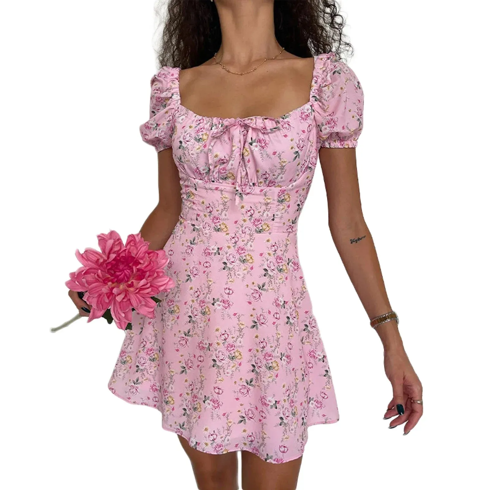 Short Sleeve Flower Print Lacing off Shoulder Sun A-line Summer Boho Dress