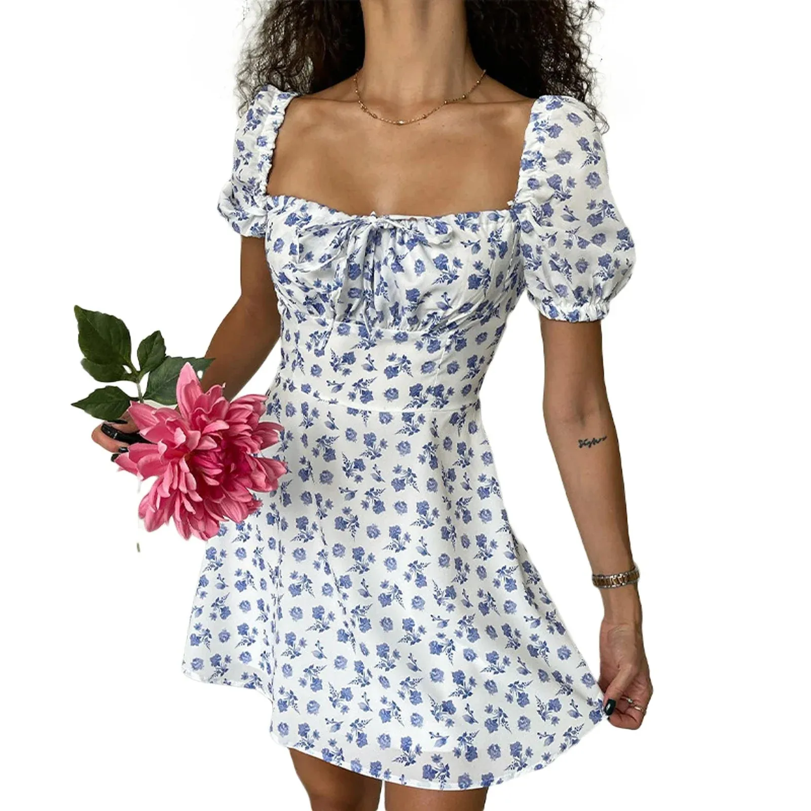 Short Sleeve Flower Print Lacing off Shoulder Sun A-line Summer Boho Dress