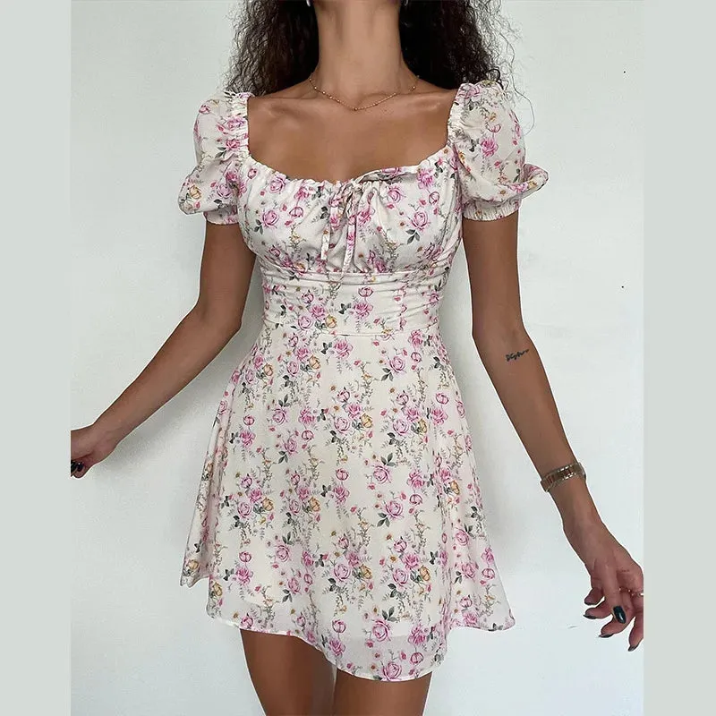Short Sleeve Flower Print Lacing off Shoulder Sun A-line Summer Boho Dress