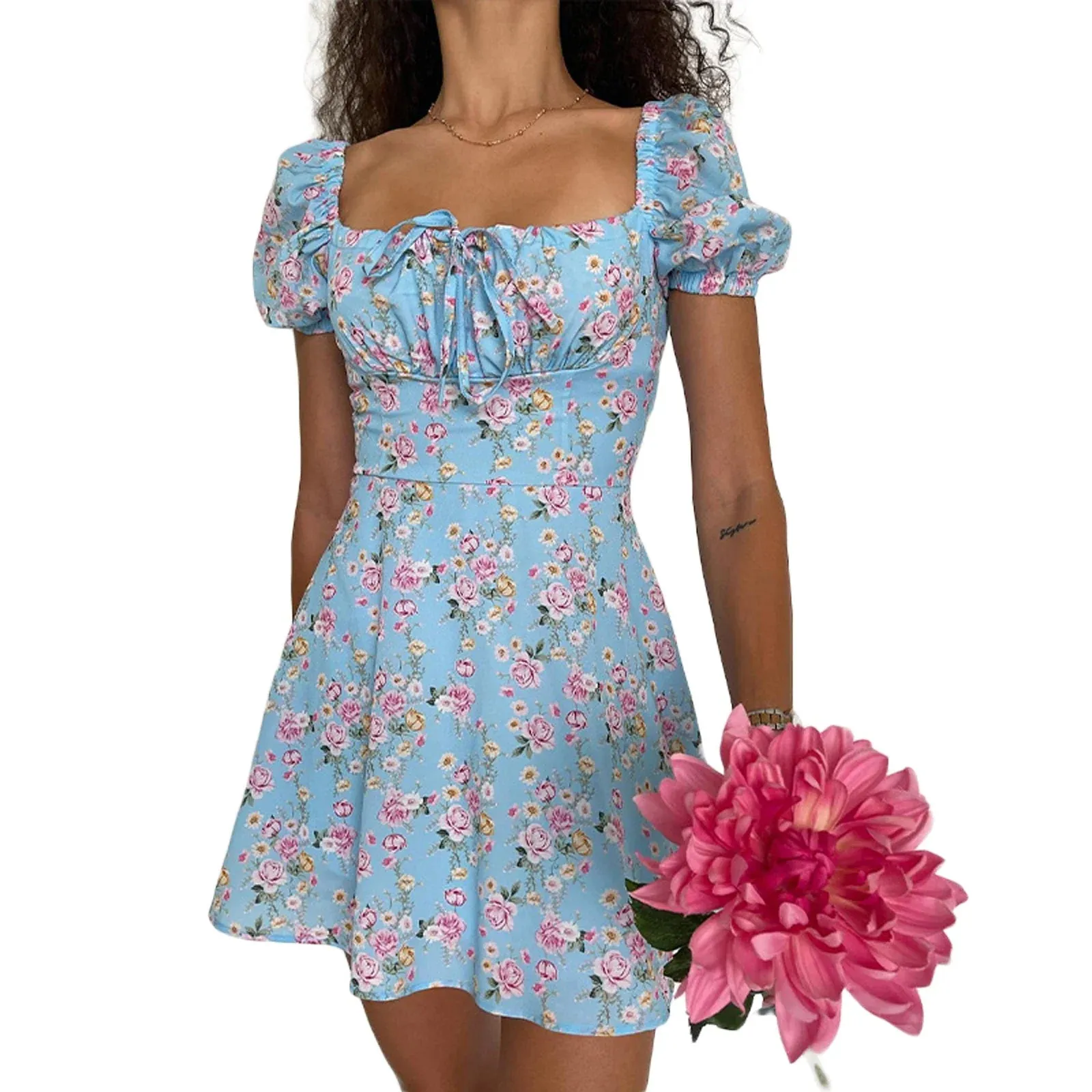 Short Sleeve Flower Print Lacing off Shoulder Sun A-line Summer Boho Dress